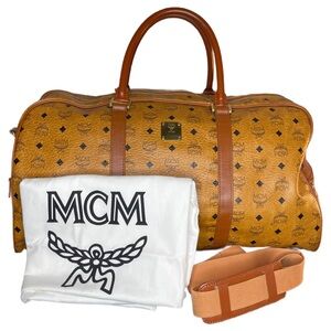 MCM 55 Cognac Visetos Monogram Barrel Bag with Tan Leather Trim